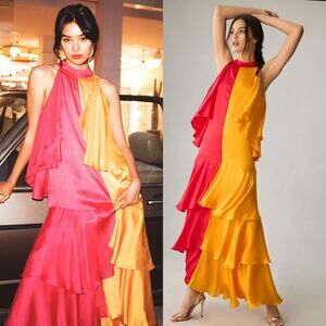 New Anthropologie Pinnacle Shruti Sancheti Mock-Neck Colorblock Ruffle Dress XS